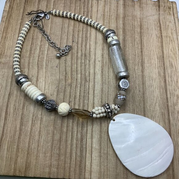 Chico's Abalone Sea Shell Pendant Stone and Beads Necklace - Picture 2 of 6